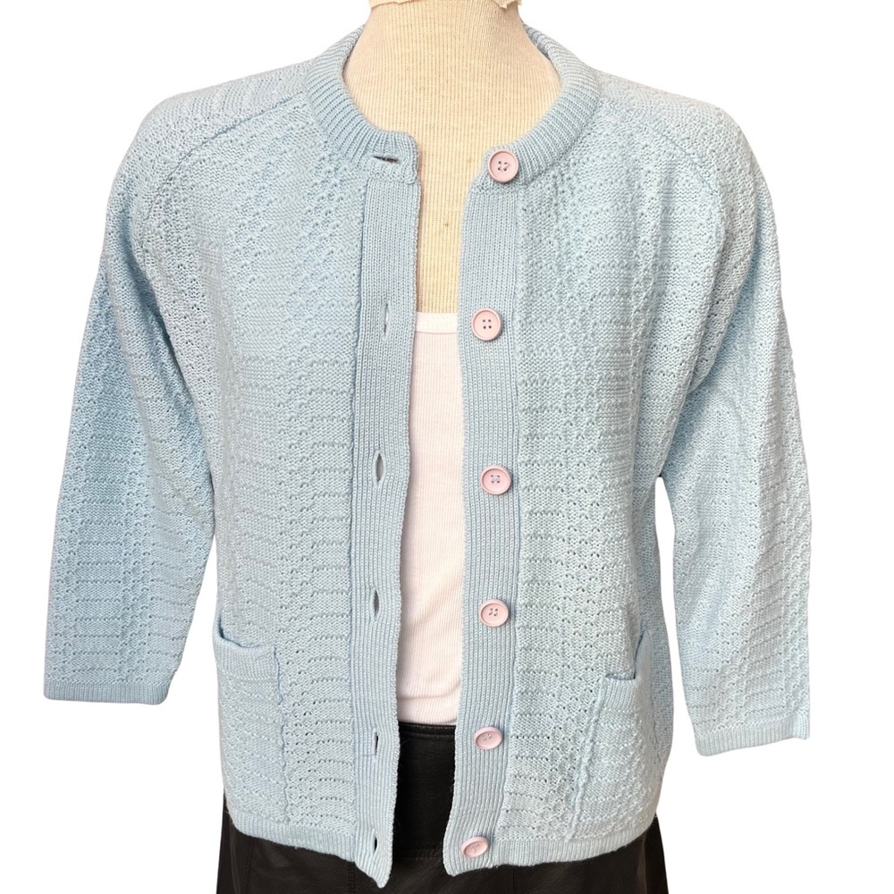 cardigan,  Nasharr knit pastel crochet sweater aqua/ice blue, vintage cardigan
